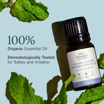 Juicy Chemistry peppermint essential oil bottle with dropper cap, showing clear label and green peppermint leaves in the background.