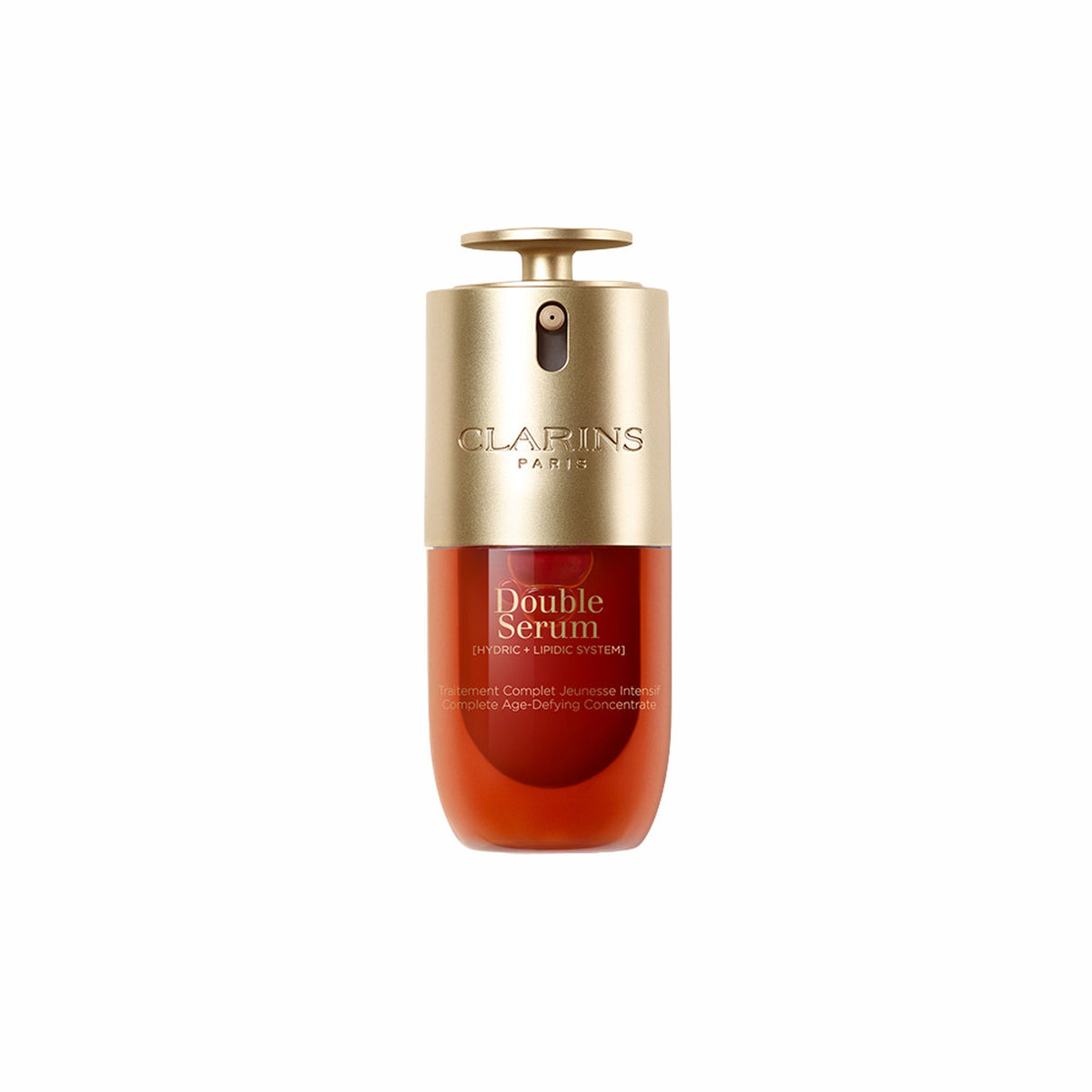 Clarins Double Serum bottle with dropper, showcasing the skincare product in a sleek, elegant design.
