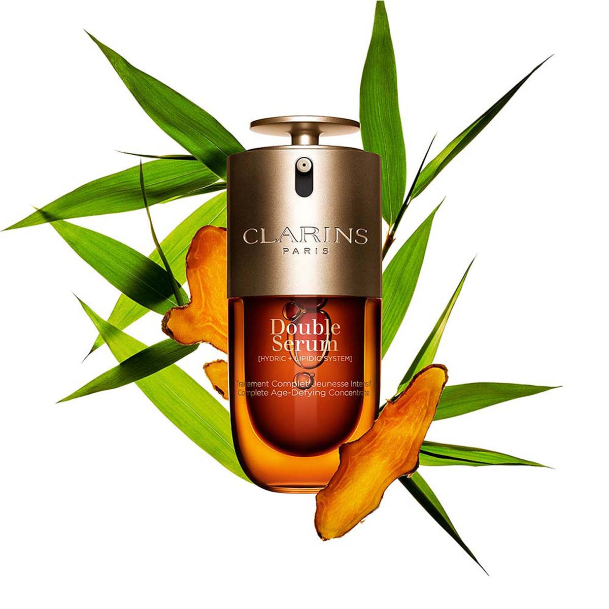 Clarins Double Serum bottle with dropper and label, set against a neutral background, showcasing the skincare product.