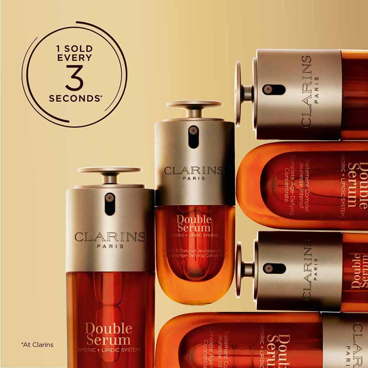 Clarins Double Serum bottle with pump dispenser, clear glass container showcasing the iconic skincare product.