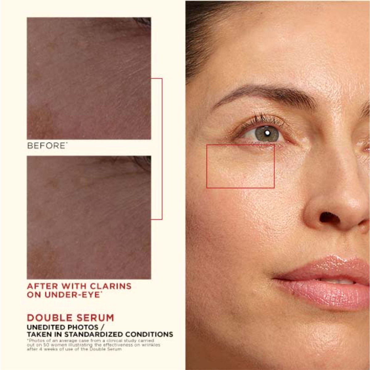 Clarins Double Serum in a sleek glass bottle with a dropper, showing the skincare product ready for application.