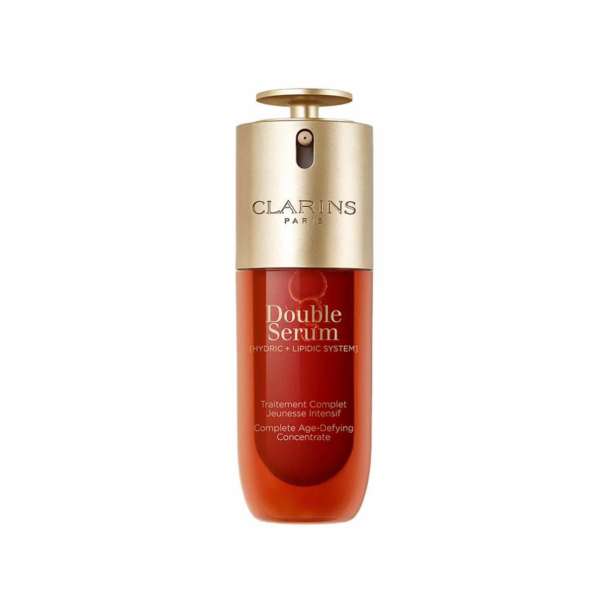 Clarins Double Serum bottle with dropper, clear glass container showing the dual-chamber formula, on a neutral background.