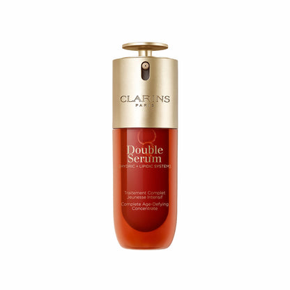 Clarins Double Serum bottle with dropper, clear glass container showing the dual-chamber formula, on a neutral background.
