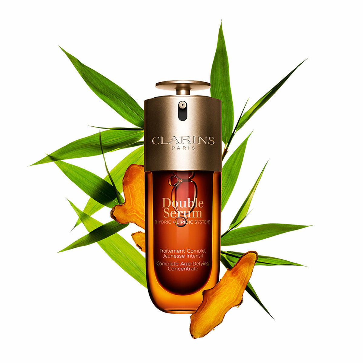 Clarins Double Serum in a sleek glass bottle with a pump dispenser, showcasing the skincare product on a neutral background.