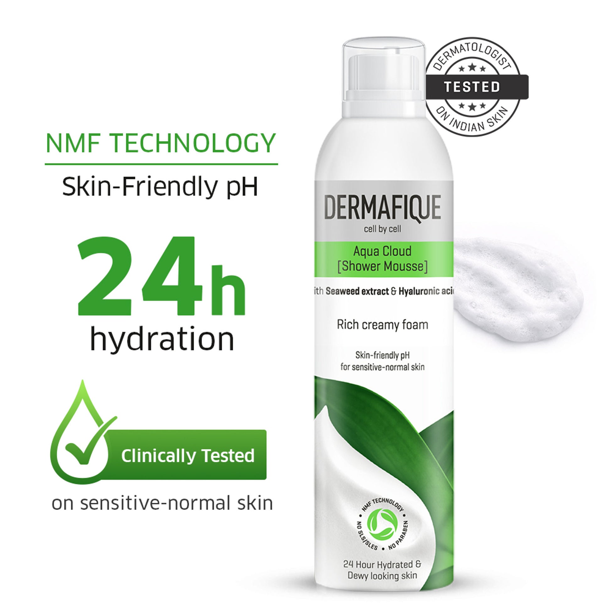 Dermafique Aqua Cloud Shower Mousse - 24 hr Hydration, Hyaluronic Acid & NMF