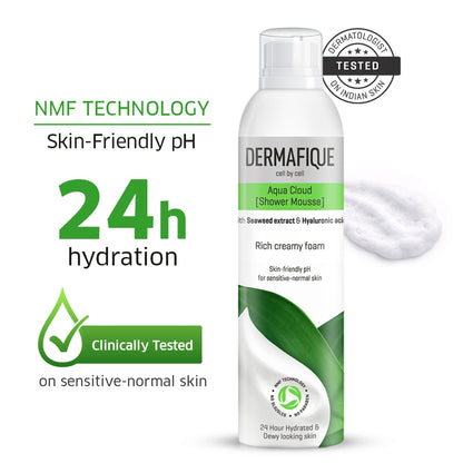 Dermafique Aqua Cloud Shower Mousse - 24 hr Hydration, Hyaluronic Acid & NMF