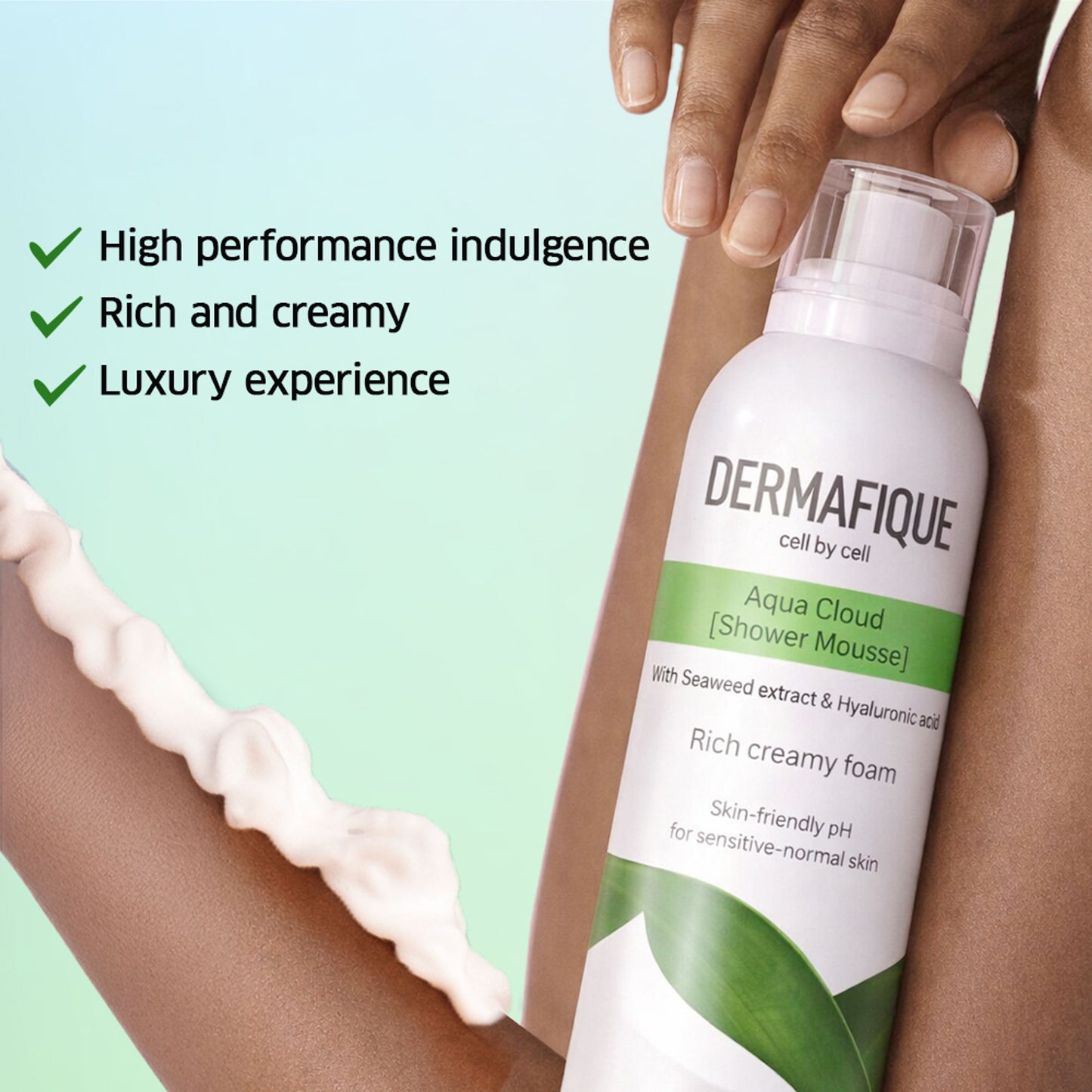 Dermafique Aqua Cloud Shower Mousse - 24 hr Hydration, Hyaluronic Acid & NMF