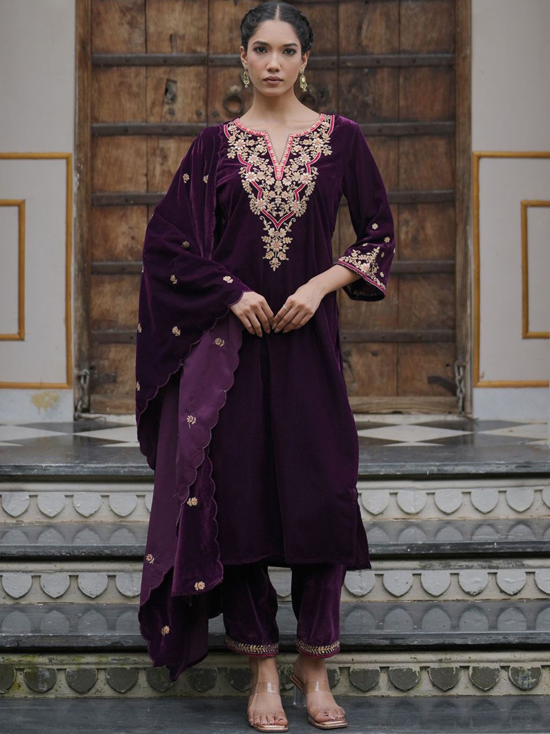 Indyancart IE Women Ethnic Motifs Embroidered Regular Velvet Kurta with Trousers & With Dupatta