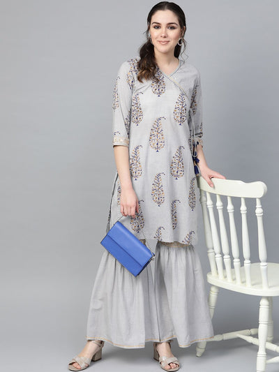 Indyancart VA Women's Grey & Golden Angrakha Printed Kurti with Sharara