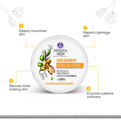 Ayouthveda Skin Enrichment Body Butter with Mango, Cocoa & Moringa for Deep Nourished Skin
