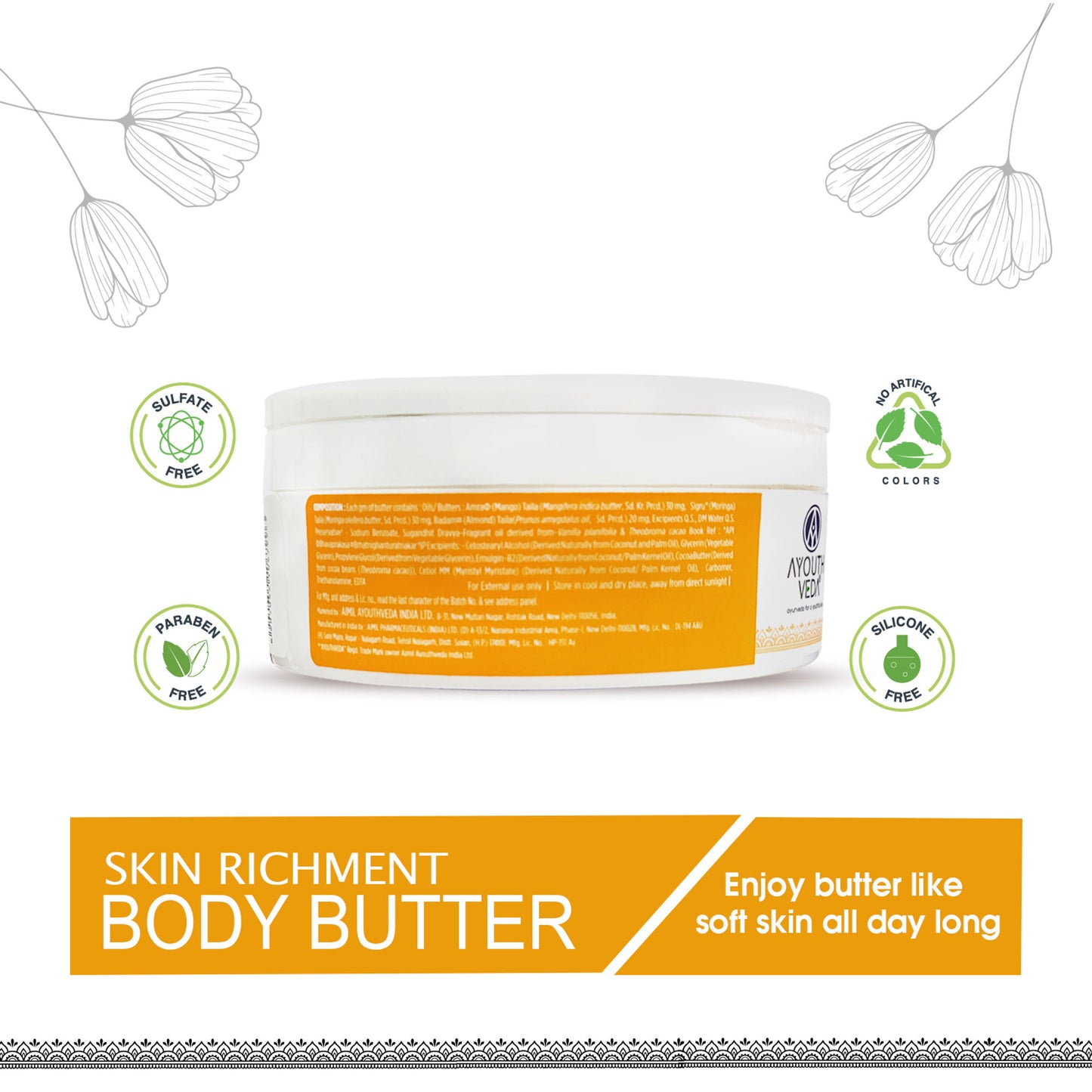 Ayouthveda Skin Enrichment Body Butter with Mango, Cocoa & Moringa for Deep Nourished Skin