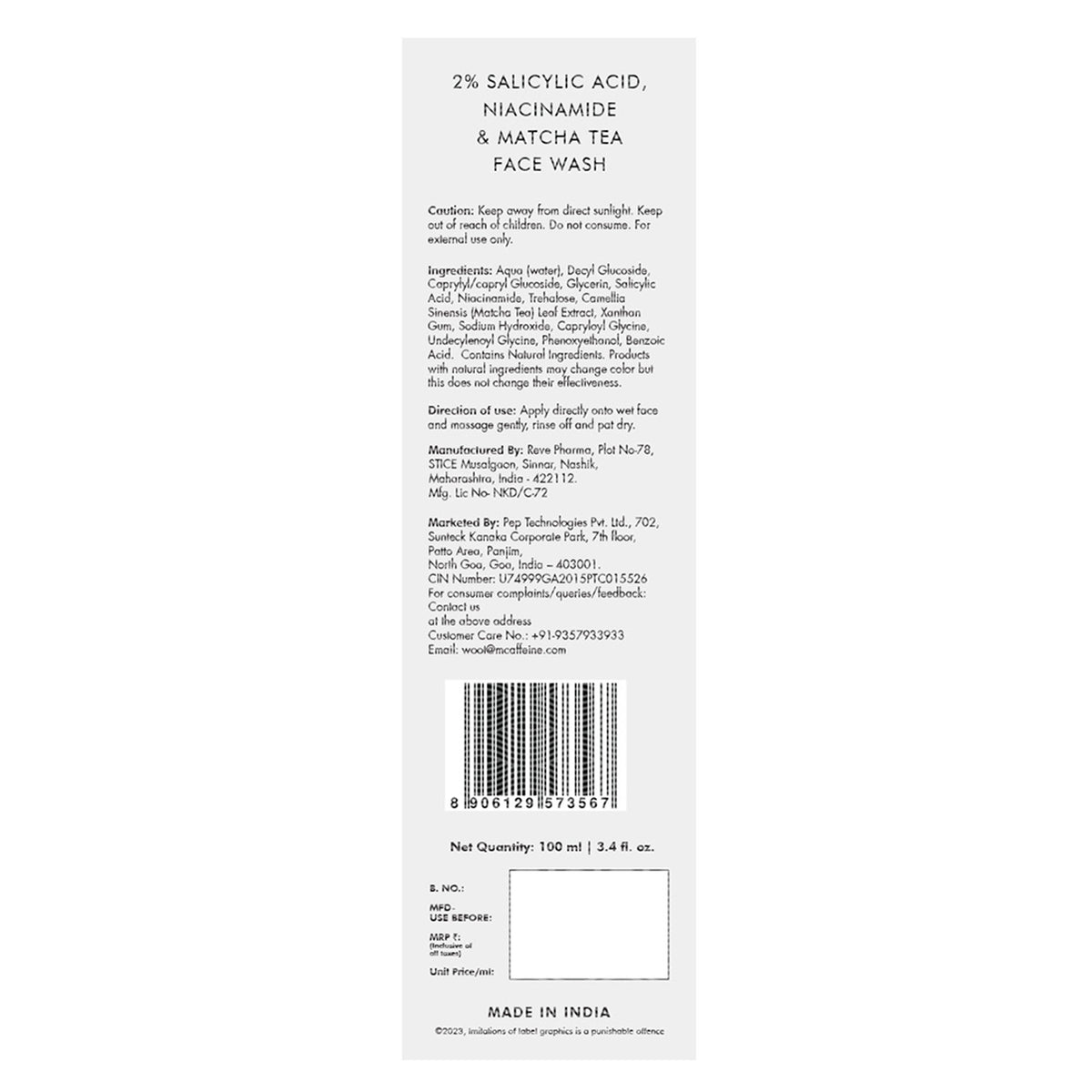 MCaffeine 2% Salicylic Acid Anti Acne Face Wash With Niacinamide & Matcha Tea, For Oil Control