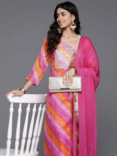 Indyancart VA Women'sBandhani Embroidered Zari Kurta with Trousers & Dupatta
