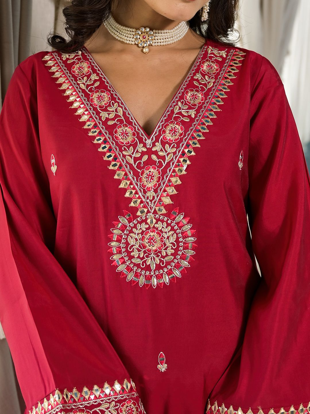 Indyancart VA Ethnic Motifs Zari Embroidered Mirror Work Straight Kurta With Trousers & Dupatta
