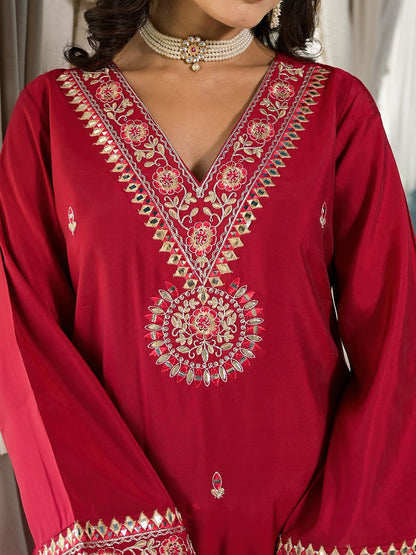 Indyancart VA Ethnic Motifs Zari Embroidered Mirror Work Straight Kurta With Trousers & Dupatta
