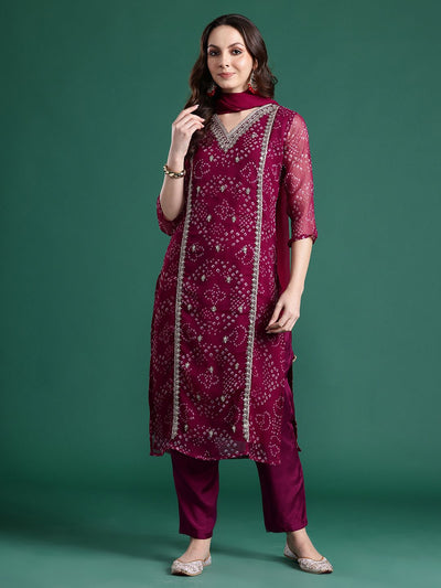 Dhiyona IE Bandhani Printed Zari Panelled Silk Chiffon Kurta with Trousers & With Dupatta