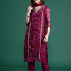 Indyancart IE Bandhani Printed Zari Panelled Silk Chiffon Kurta with Trousers & With Dupatta