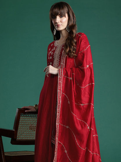 Ethnic Motifs Zari Embroidered Kurta With Trousers & Dupatta