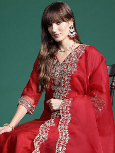 Indyancart IE Ethnic Motifs Embroidered Regular Liva Kurta With Trousers & Dupatta