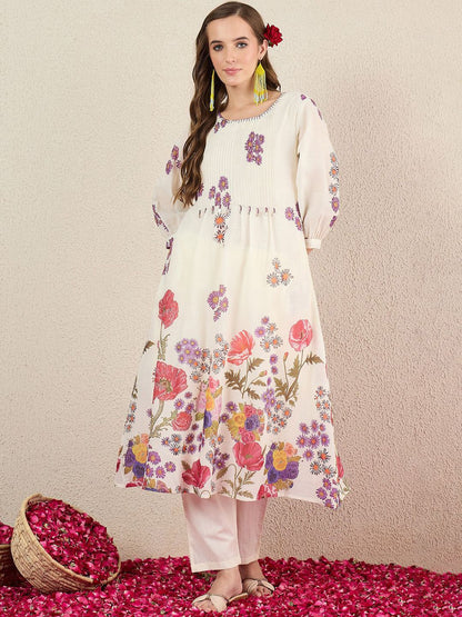 Dhiyona IE Women Floral Printed Cotton Kurta with Trousers