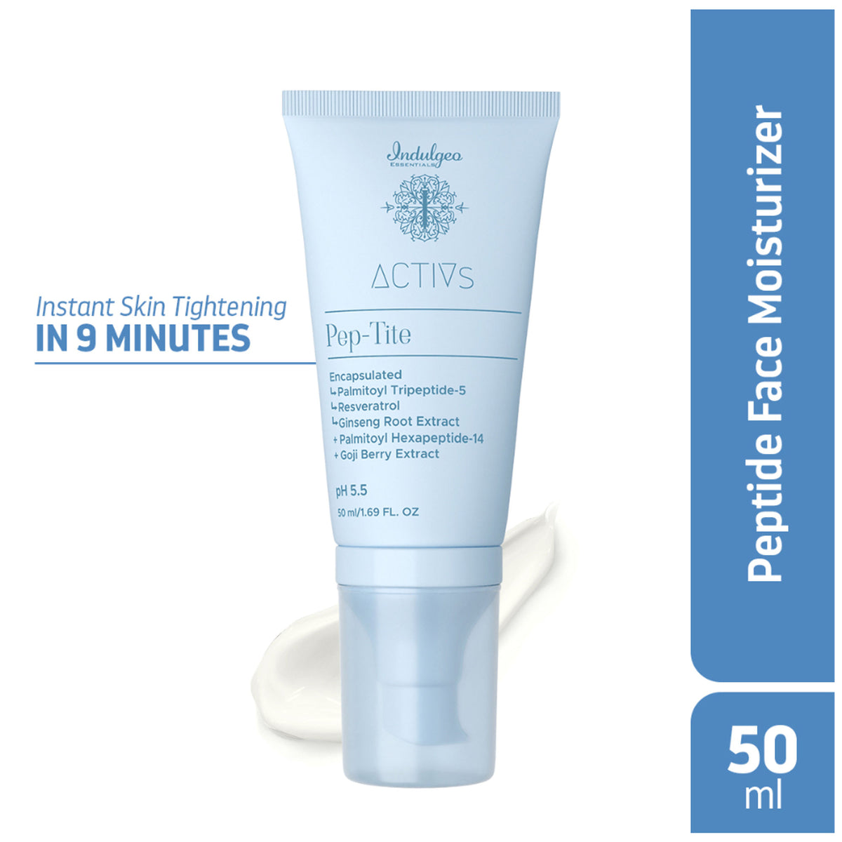 Indulgeo Essentials Pep-Tite peptide skin moisturizer showing smooth, firm skin with visible fine lines and crow's feet.