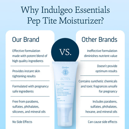 Indulgeo Essentials Pep-Tite peptide moisturizer for skin firming, reducing wrinkles, fine lines, and crow's feet.