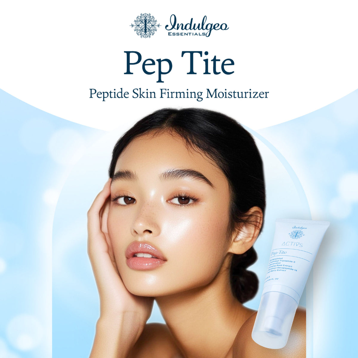 Indulgeo Essentials Pep-Tite peptide skin firming moisturizer for wrinkles, fine lines, and crow's feet with natural ingredients.