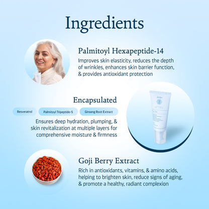 Indulgeo Essentials Pep-Tite peptide skin firming moisturizer for wrinkles, fine lines, and crow's feet, visible in the jar.