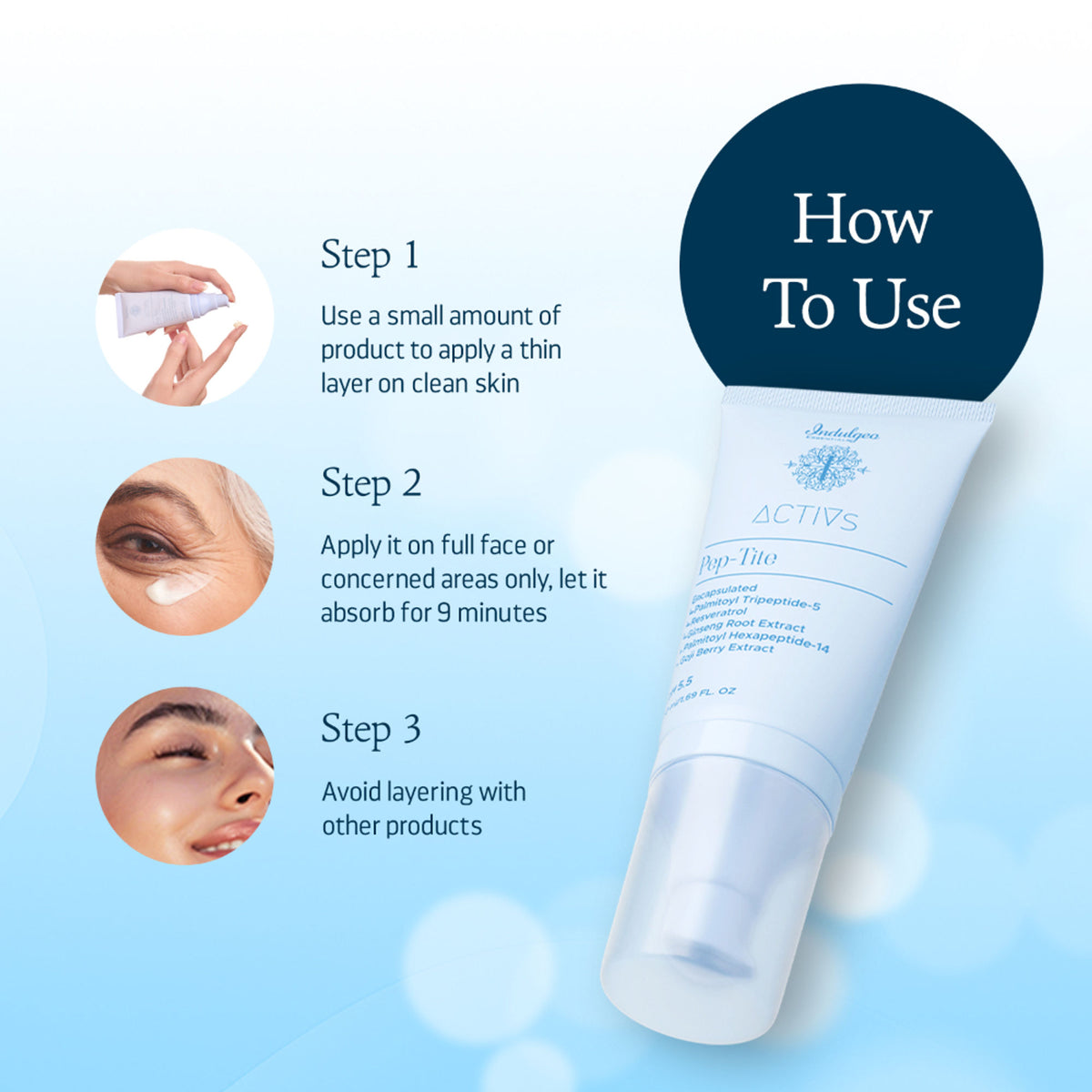 Indulgeo Essentials Pep-Tite peptide moisturizer for skin firming, reducing wrinkles, fine lines, and crow's feet.