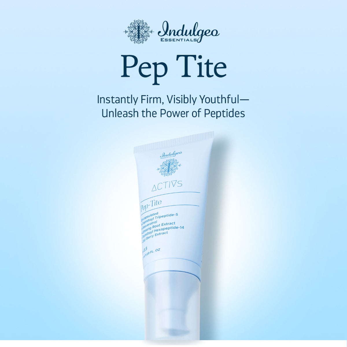 Indulgeo Essentials Pep-Tite peptide skin firming moisturizer showing a jar with product label and a fresh lemon slice.