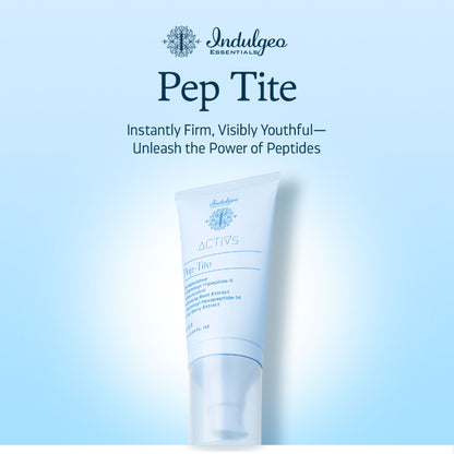 Indulgeo Essentials Pep-Tite peptide skin firming moisturizer showing a jar with product label and a fresh lemon slice.