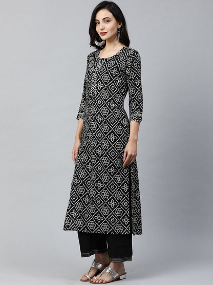 Indyancart IE Women Black & White Printed Straight Kurta