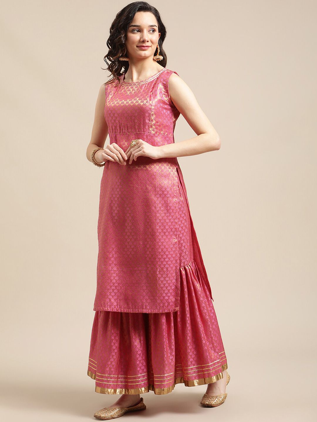 Indyancart VA Women'sPink & Gold-Colored Brocade Sleeveless Kurta Sharara With Sequins Ruffle Dupatta