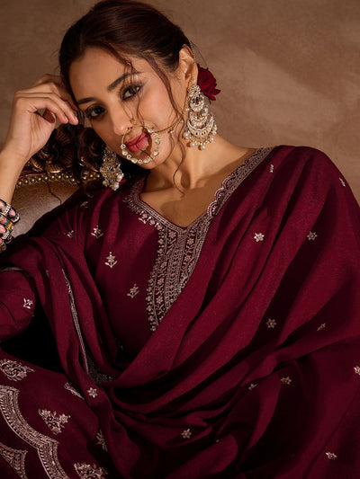 Indyancart IE Ethnic Motifs Embroidered Sequinned Straight Kurta With Sharara And Dupatta