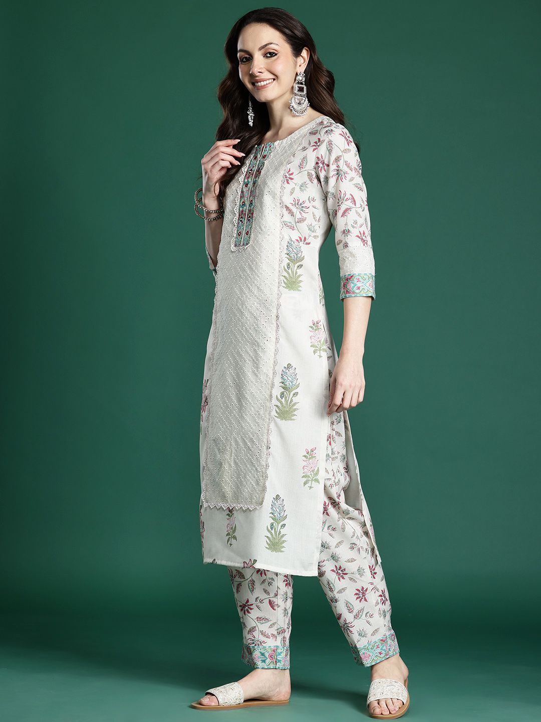 Indyancart IE Floral Printed Panelled Kurta with Trousers & Dupatta