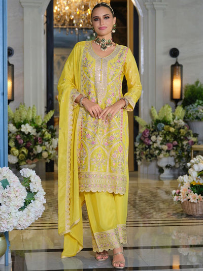 Indyancart IE Adults-Women Woven Design Embroidered Kurta with Palazzos & Dupatta