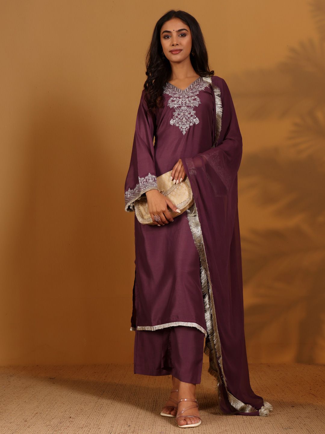 Indyancart VA Women'sFloral Embroidered Sequnnied V-Neck Straight Kurta With Trousers & Dupatta