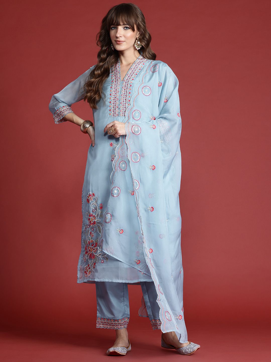 Indyancart IE Floral Embroidered Sequinned Kurta with Trousers & With Dupatta