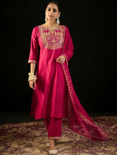 Indyancart IE Notched Neck Ethnic Embroidered Sequinned Liva Kurta with Trouser & Dupatta