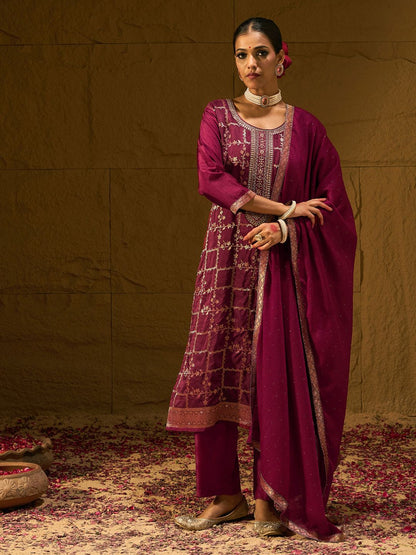 Dhiyona IE Floral Embroidered Jacquard Straight Kurta With Trousers & Dupatta