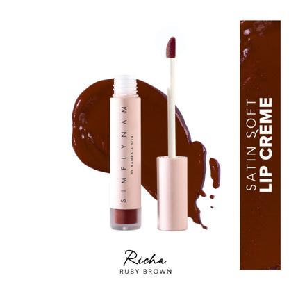 Simply Nam Satin Soft Lip Creme in Ruby Brown, hydrating botanical lip color for everyday wear, displayed on lips.