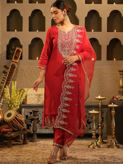 Indyancart IE Women Ethnic Motifs Embroidered Regular Kurta with Trousers & With Dupatta