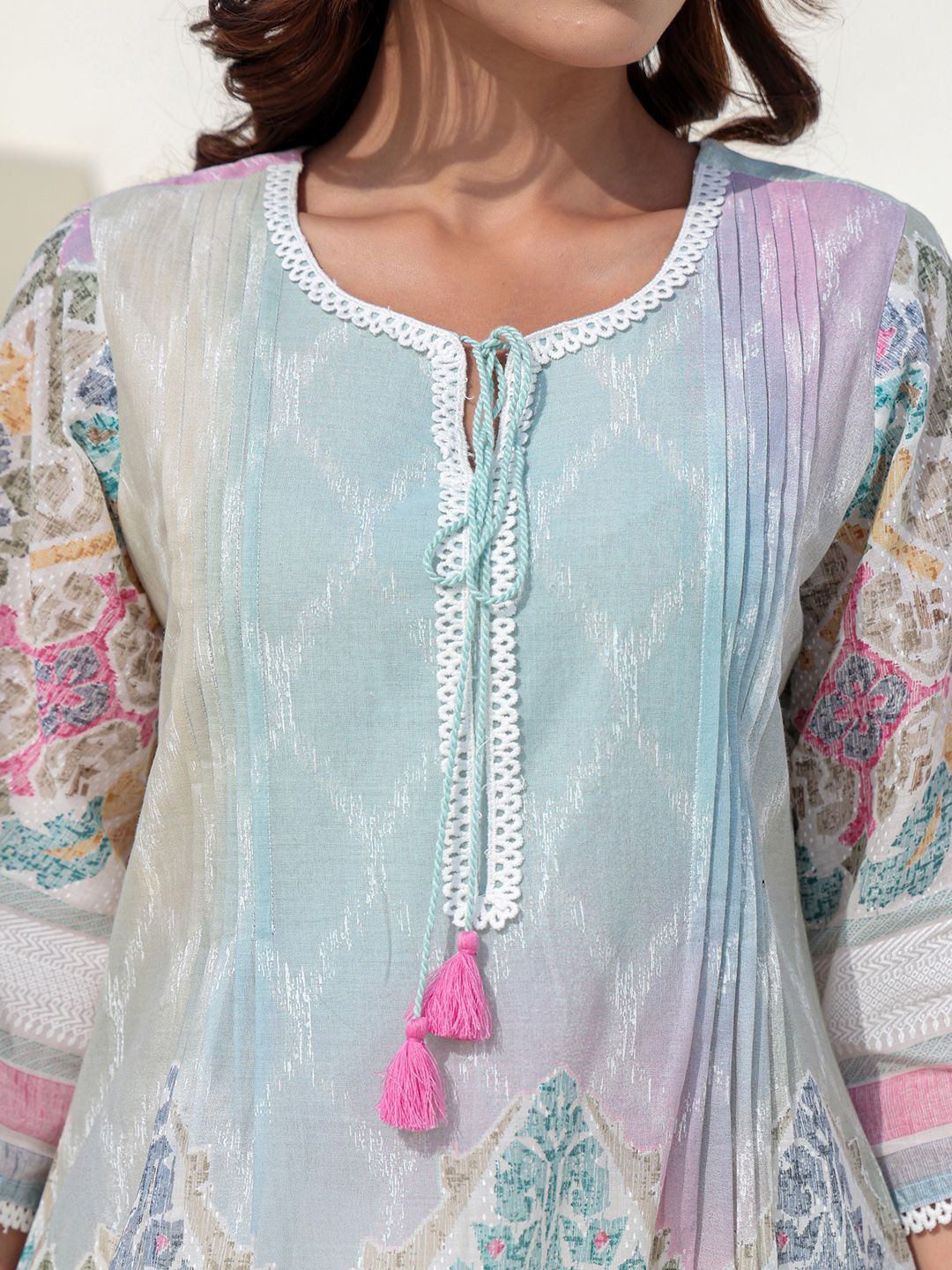Floral Printed Notch Neck A Line Pure Cotton Kurta With Trousers