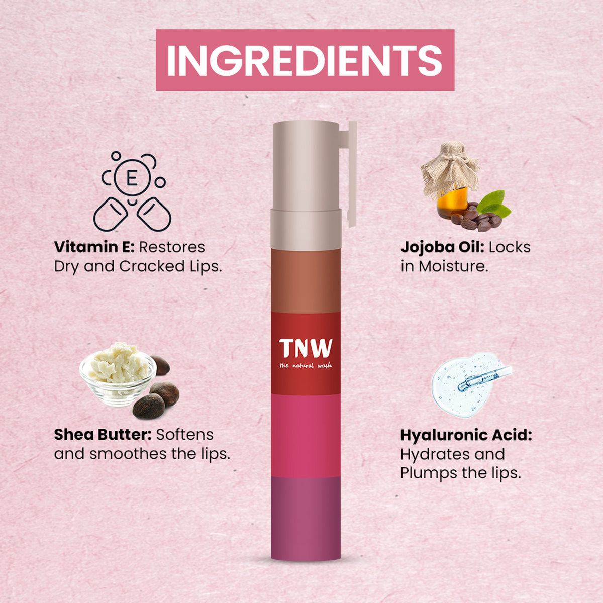 TNW The Natural Wash Long Stay Lipstack Set in Jukebox with natural lip products and packaging on white background.