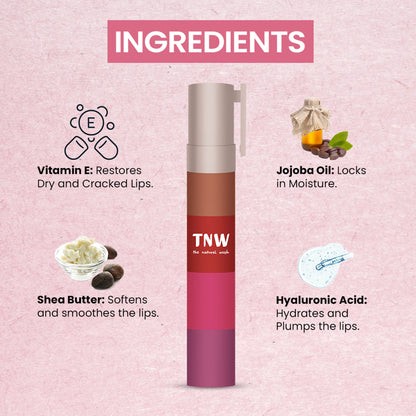 TNW The Natural Wash Long Stay Lipstack Set in Jukebox with natural lip products and packaging on white background.