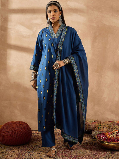 Indyancart IE Women Ethnic Motifs Embroidered Regular Thread Work Pure Cotton Kurta with Trousers & With Dupatta