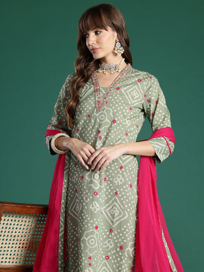 Indyancart IE Bandhani Printed Thread Work Pure Cotton Kurta with Trousers & With Dupatta