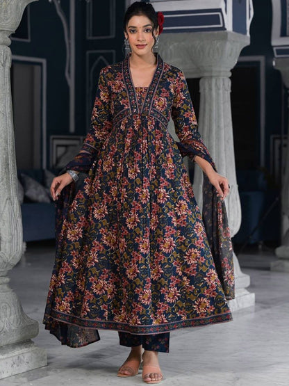 Indyancart VA Women'sFloral Printed & Sequinned Pure Cotton Anarkali Kurta With Trouser & Dupatta