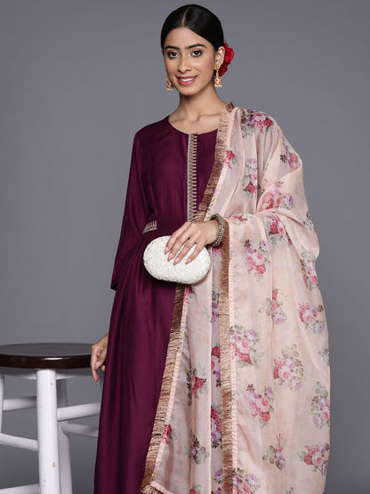Indyancart VA Women'sEthnic Motifs Zari Embroidered Regular Kurta With Trousers & Dupatta