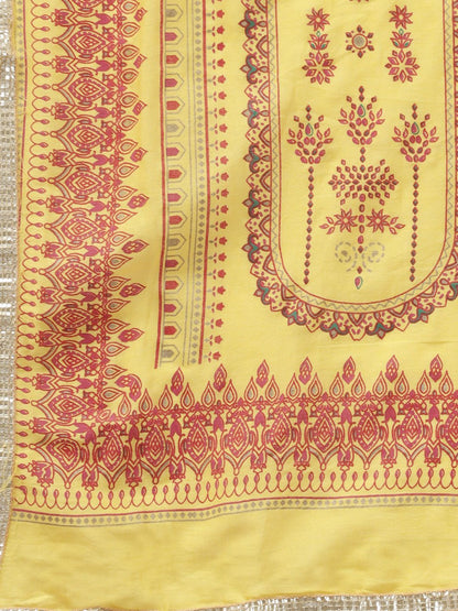 Indyancart IE Women Red Ethnic Motifs Printed Panelled Mirror Work Kurta with Trousers & With Dupatta